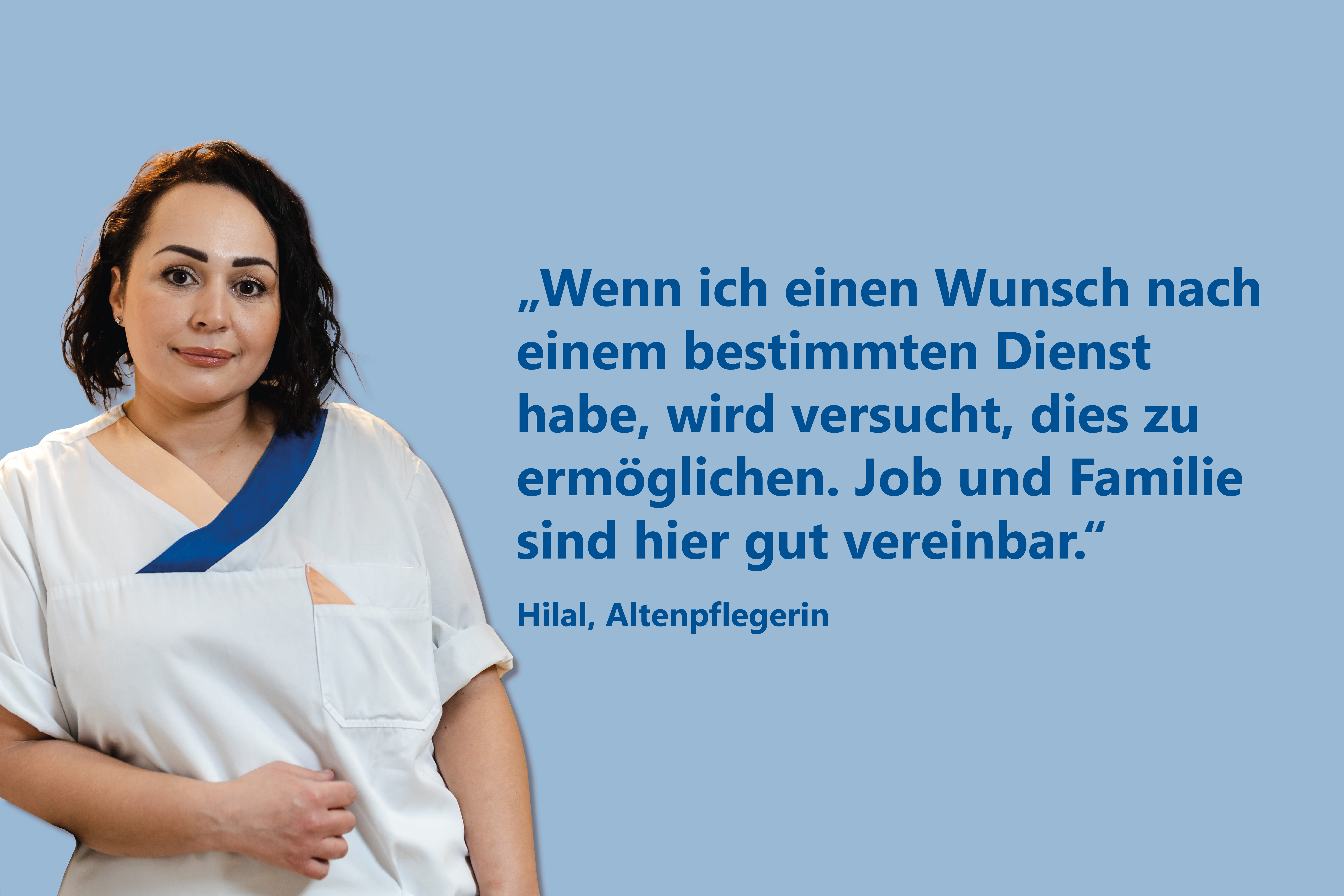 Porträt einer Krankenschwester mit Zitat auf blauem Grund