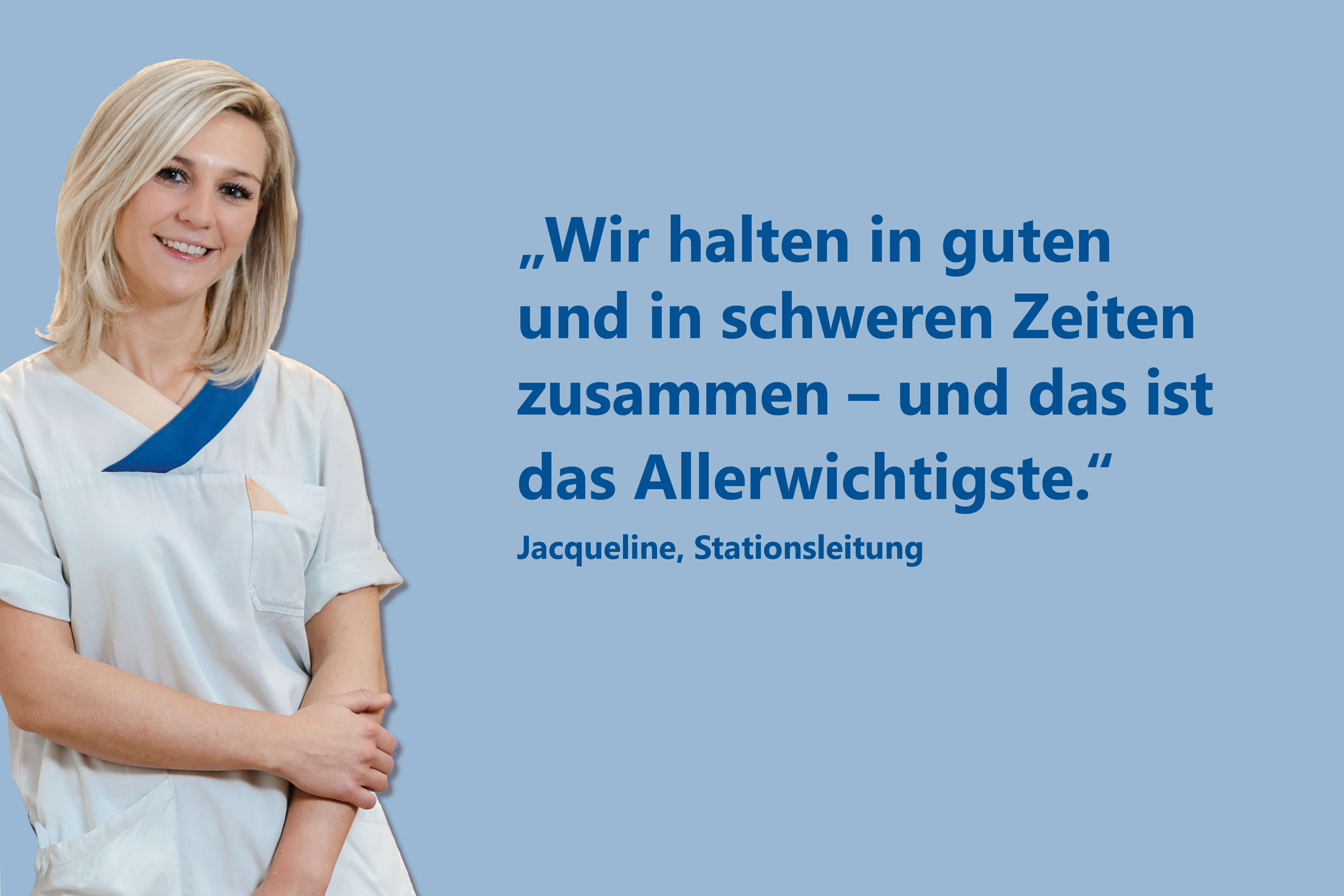 Porträt einer Krankenschwester mit Zitat auf blauem Grund